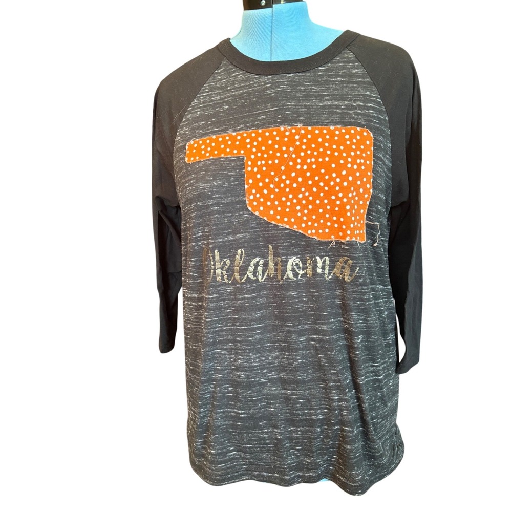 Oklahoma Bella Canvas Polka Dot Raglan Baseball Tee Gray Black Gold Foil Large